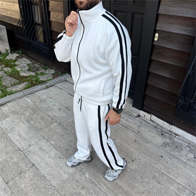 Erkek Çift Şeritli Eşofman Takım Dik Yaka Fermuarlı Sweatshirt Boru Paça Alt, Oversize 3 Iplik Pamuklu - Beyaz