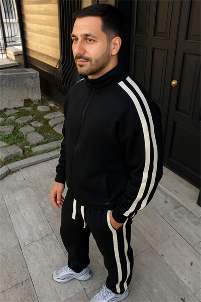 Erkek Çift Şeritli Eşofman Takım Dik Yaka Fermuarlı Sweatshirt Boru Paça Alt, Oversize 3 Iplik Pamuklu - Siyah