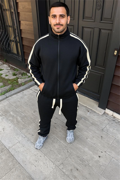 Erkek Çift Şeritli Eşofman Takım Dik Yaka Fermuarlı Sweatshirt Boru Paça Alt, Oversize 3 Iplik Pamuklu - Siyah