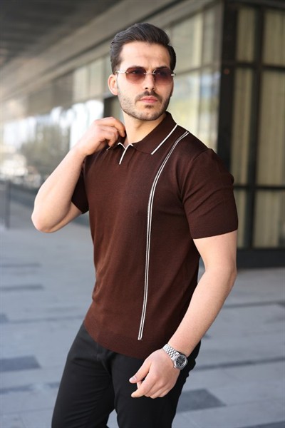 Erkek Çizgi Detaylı Yakalı Triko Tişört