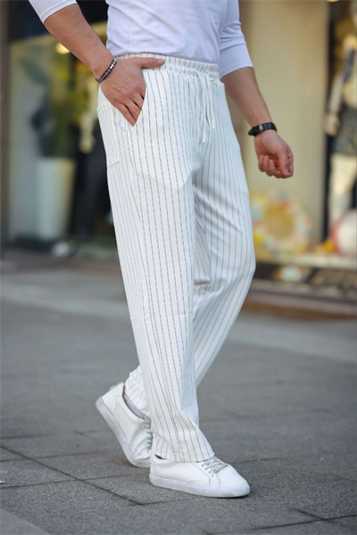 Erkek Cizgili Dokuma Krep Jogger Buggy Pantalon Rahat Kalıp - Beyaz