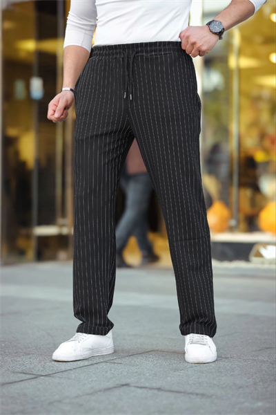 Erkek Cizgili Dokuma Krep Jogger Buggy Pantalon Rahat Kalıp - Siyah