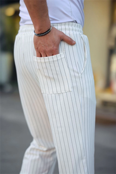 Erkek Cizgili Dokuma Krep Jogger Buggy Pantalon Rahat Kalıp - Beyaz