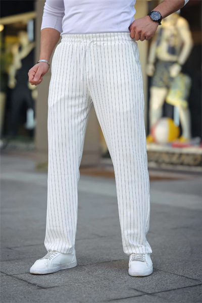 Erkek Cizgili Dokuma Krep Jogger Buggy Pantalon Rahat Kalıp - Beyaz