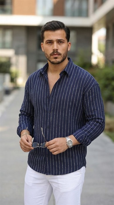 Erkek Çizgili Keten Gömlek