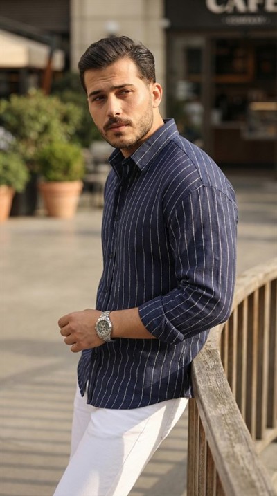 Erkek Çizgili Keten Gömlek