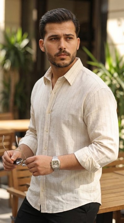 Erkek Çizgili Keten Gömlek