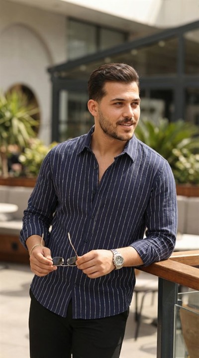 Erkek Çizgili Keten Gömlek