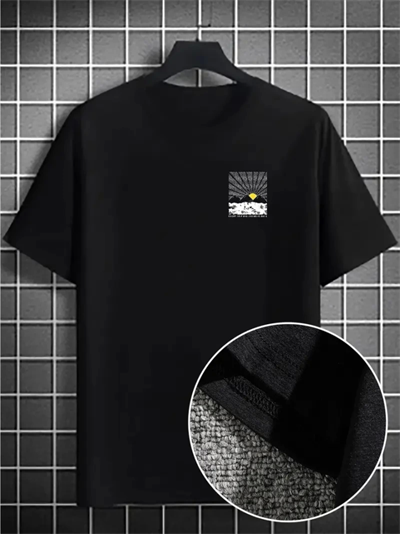 Erkek Dağ Grafikli Tişört, Yaz Için Büyük Beden Rahat T-shirt - Siyah