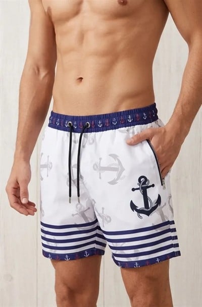 Erkek Deniz Şortu Fermuarlı Cepli File Astarlı Hızlı Kuruyan Premium - Beyaz