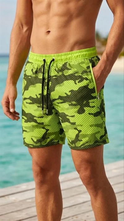 Erkek Deniz Şortu Fermuarlı Cepli File Astarlı Hızlı Kuruyan Premium - Neon Yeşili