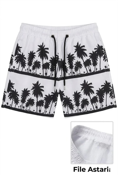 Erkek Deniz Şortu Fermuarlı Cepli File Astarlı Hızlı Kuruyan Premium - Beyaz