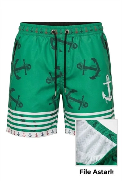 Erkek Deniz Şortu Fermuarlı Cepli File Astarlı Hızlı Kuruyan Premium - Su Yeşili