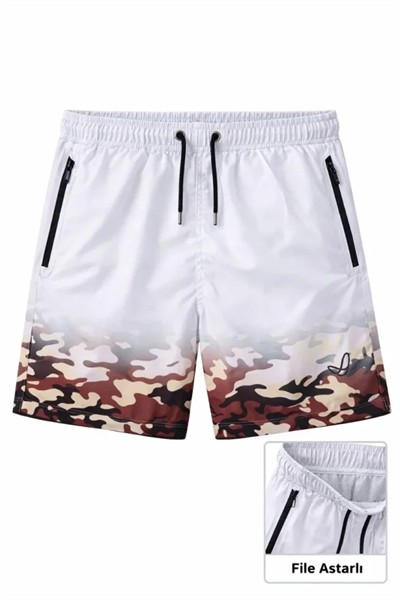 Erkek Deniz Şortu Fermuarlı Cepli File Astarlı Hızlı Kuruyan Premium - Beyaz