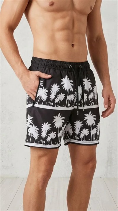 Erkek Deniz Şortu Fermuarlı Cepli File Astarlı Hızlı Kuruyan Premium - Siyah