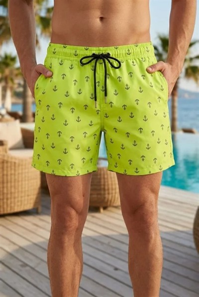 Erkek Deniz Şortu Fermuarlı Cepli File Astarlı Hızlı Kuruyan Premium - Neon Yeşili