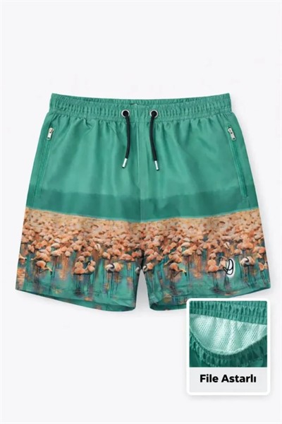 Erkek Deniz Şortu Fermuarlı Cepli File Astarlı Hızlı Kuruyan Premium - Su Yeşili