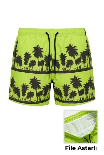 Erkek Deniz Şortu Fermuarlı Cepli File Astarlı Hızlı Kuruyan Premium - Neon Yeşili