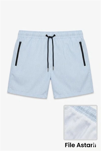 Erkek Deniz Şortu Fermuarlı Cepli File Astarlı Hızlı Kuruyan Premium - Bebek Mavisi