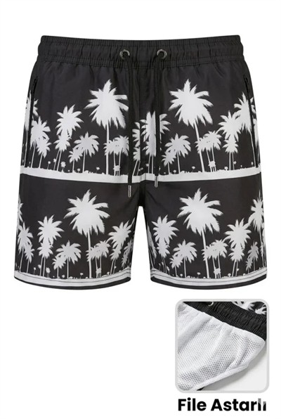 Erkek Deniz Şortu Fermuarlı Cepli File Astarlı Hızlı Kuruyan Premium - Siyah