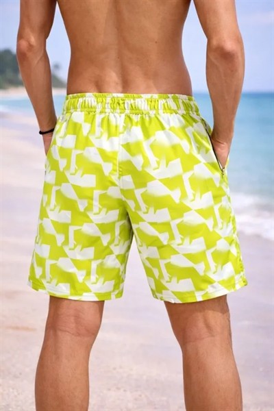 Erkek Deniz Şortu Fermuarlı Cepli File Astarlı Hızlı Kuruyan Premium - Sarı
