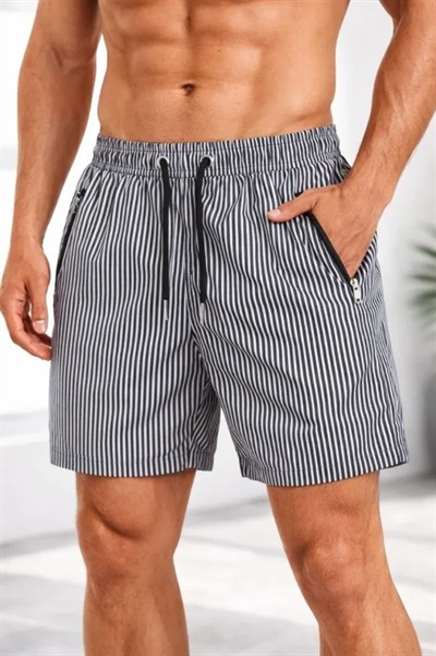 Erkek Deniz Şortu Fermuarlı Cepli File Astarlı Hızlı Kuruyan Premium - Siyah