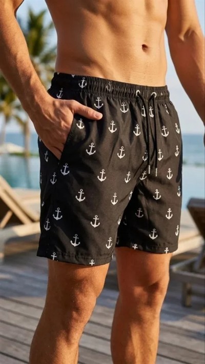 Erkek Deniz Şortu Fermuarlı Cepli File Astarlı Hızlı Kuruyan Premium - Siyah