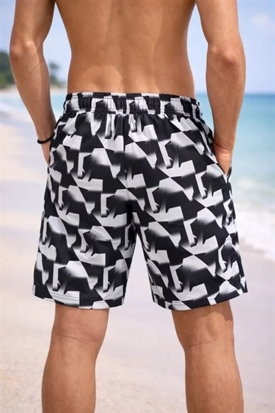 Erkek Deniz Şortu Fermuarlı Cepli File Astarlı Hızlı Kuruyan Premium - Siyah