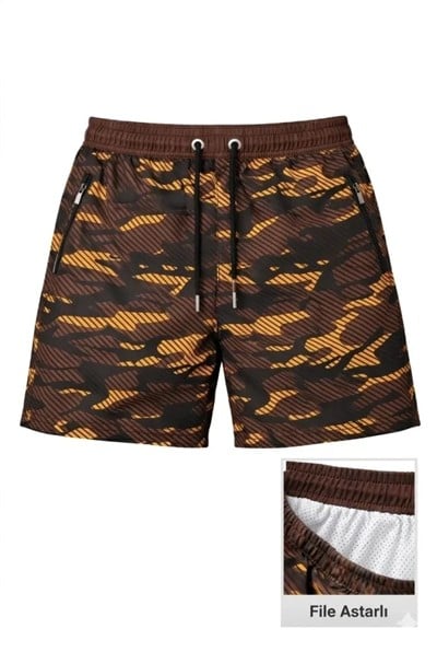 Erkek Deniz Şortu Fermuarlı Cepli File Astarlı Hızlı Kuruyan Premium - Kahverengi