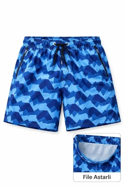 Erkek Deniz Şortu Fermuarlı Cepli File Astarlı Hızlı Kuruyan Premium - Mavi