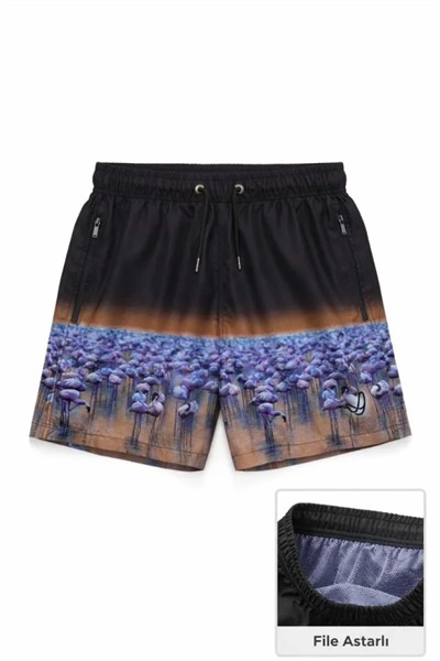Erkek Deniz Şortu Fermuarlı Cepli File Astarlı Hızlı Kuruyan Premium - Siyah