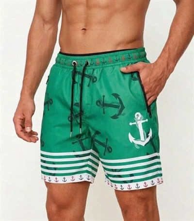 Erkek Deniz Şortu Fermuarlı Cepli File Astarlı Hızlı Kuruyan Premium - Su Yeşili