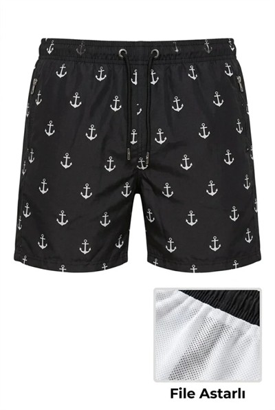 Erkek Deniz Şortu Fermuarlı Cepli File Astarlı Hızlı Kuruyan Premium - Siyah