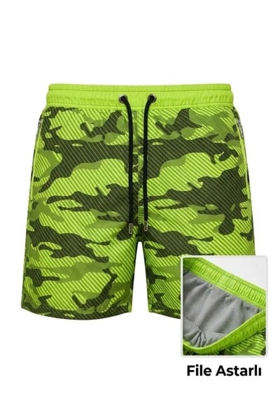 Erkek Deniz Şortu Fermuarlı Cepli File Astarlı Hızlı Kuruyan Premium - Neon Yeşili
