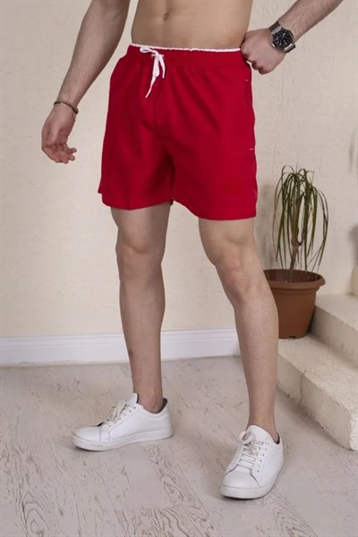 Erkek Deniz Şortu Fermuarlı Cepli File Astarlı - Kırmızı