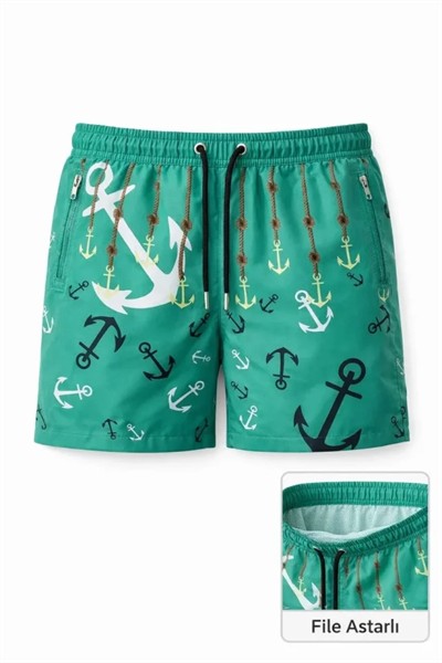 Erkek Deniz Şortu Fermuarlı Cepli File Astarlı Hızlı Kuruyan Premium - Su Yeşili