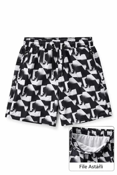 Erkek Deniz Şortu Fermuarlı Cepli File Astarlı Hızlı Kuruyan Premium - Siyah