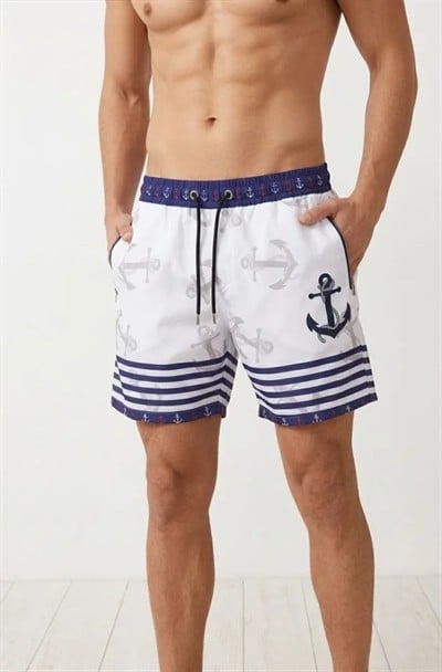 Erkek Deniz Şortu Fermuarlı Cepli File Astarlı Hızlı Kuruyan Premium - Beyaz