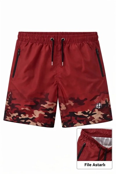 Erkek Deniz Şortu Fermuarlı Cepli File Astarlı Hızlı Kuruyan Premium - Kırmızı
