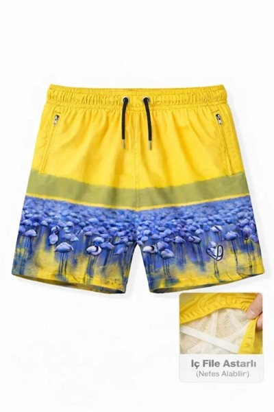 Erkek Deniz Şortu Fermuarlı Cepli File Astarlı Hızlı Kuruyan Premium - Sarı
