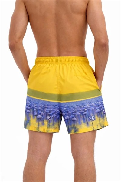 Erkek Deniz Şortu Fermuarlı Cepli File Astarlı Hızlı Kuruyan Premium - Sarı