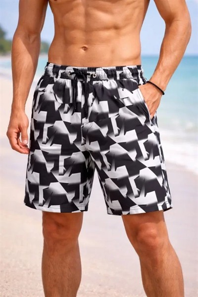 Erkek Deniz Şortu Fermuarlı Cepli File Astarlı Hızlı Kuruyan Premium - Siyah