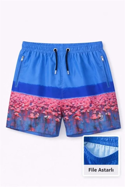 Erkek Deniz Şortu Fermuarlı Cepli File Astarlı Hızlı Kuruyan Premium - Mavi