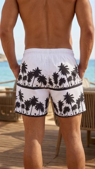 Erkek Deniz Şortu Fermuarlı Cepli File Astarlı Hızlı Kuruyan Premium - Beyaz