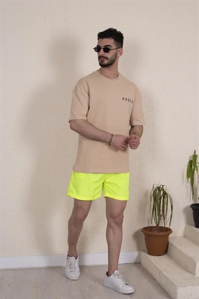 Erkek Deniz Şortu Fermuarlı Cepli File Astarlı - Neon Yeşili