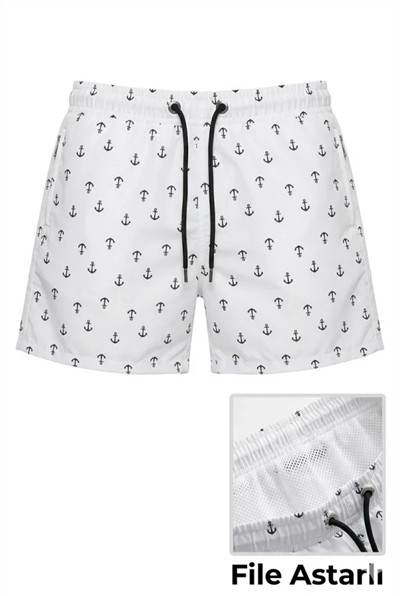 Erkek Deniz Şortu Fermuarlı Cepli File Astarlı Hızlı Kuruyan Premium - Beyaz