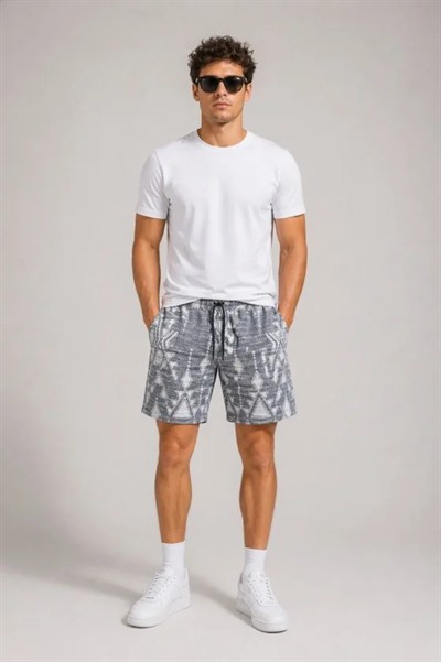 Erkek Desenli Dokuma Yazlık Şort Lastikli Bel Bağcıklı Rahat Kesim - Gri