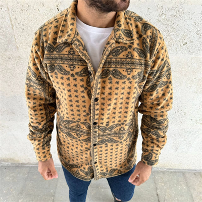 Erkek Desenli Düğmeli Polar Gömlek – Hardal Paisley Desen Yakalı, Uzun Kollu, Oversize Rahat Kalıp - Sarı