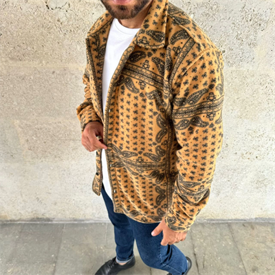 Erkek Desenli Düğmeli Polar Gömlek – Hardal Paisley Desen Yakalı, Uzun Kollu, Oversize Rahat Kalıp - Sarı