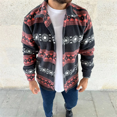 Erkek Desenli Polar Gömlek – Etnik Şerit Desen Yakalı, Uzun Kollu, Düğmeli, Oversize Rahat Kalıp - Füme